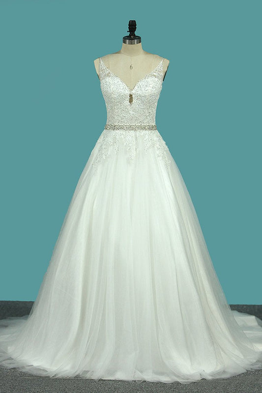 Spaghetti Straps Tulle Wedding Dresses With Applique And Sash Court Train Open Back