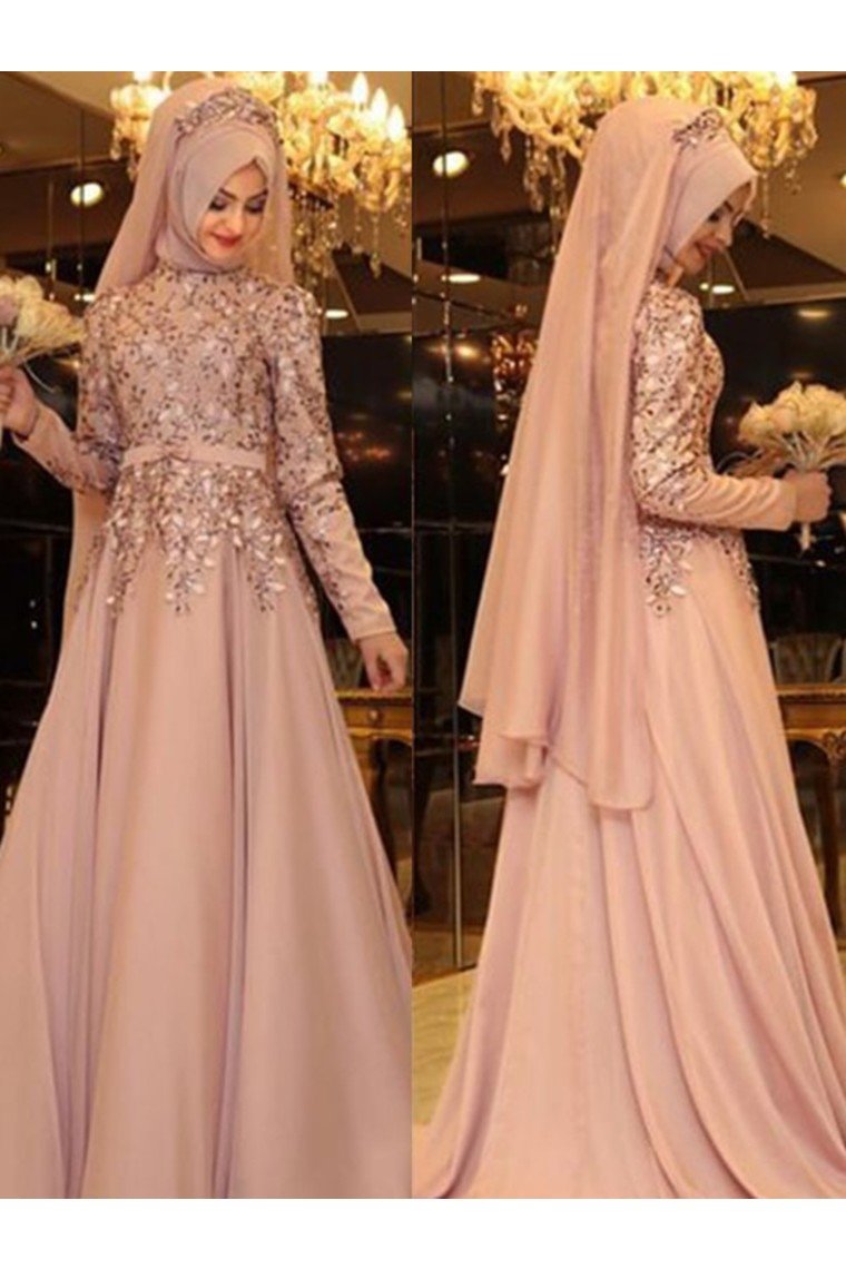 A-Line/Princess High Neck Long Sleeves Floor-Length Beading Chiffon Dresses