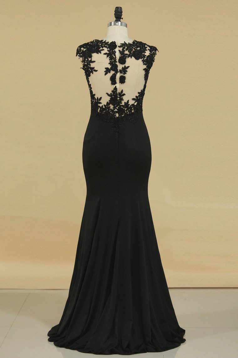 Mermaid Scoop With Applique Spandex Floor Length Black Prom Dresses