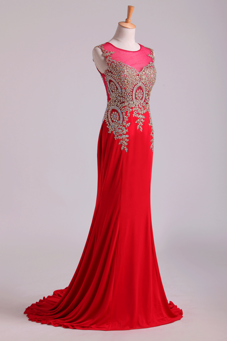 Red Prom Dresses Scoop Mermaid Sweep Spandex With Applique Sleeveless