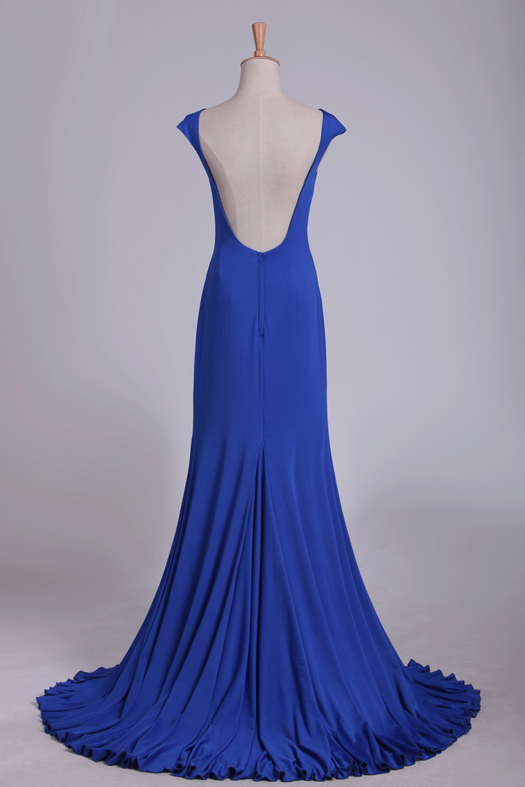 Open Back Bateau Spandex Evening Dresses Mermaid Sweep Train