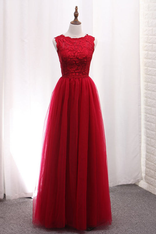 2024 A Line Bridesmaid Dresses Scoop Tulle With Applique Floor Length