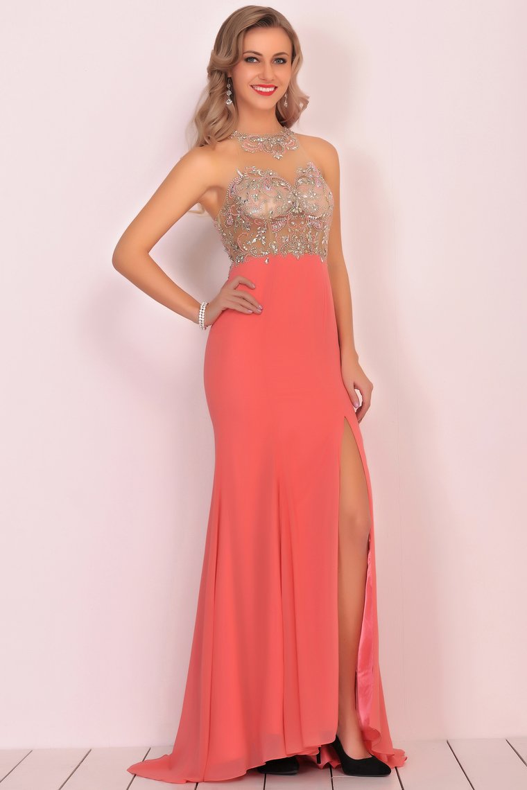 Mermaid Scoop Chiffon Prom Dresses With Beads And Slit