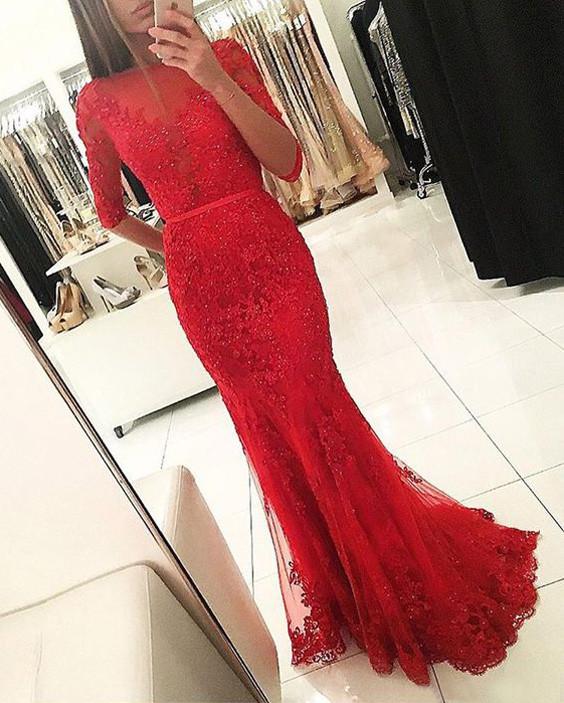 Graceful Red Beaded Lace Long Half Sleeve Backless Floor Length Mermaid prom Dresses WK703