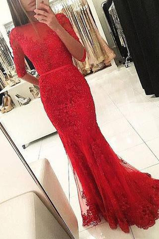 Graceful Red Beaded Lace Long Half Sleeve Backless Floor Length Mermaid prom Dresses WK703