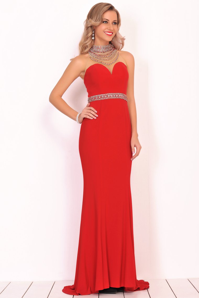 Prom Dresses Mermaid High Neck Spandex With Beading Sweep Train