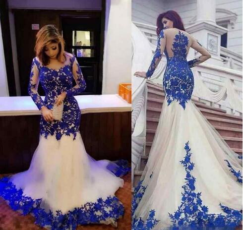 Mermaid Royal Blue Scoop Appliques Tulle Prom Dresses Long Evening SWK20464