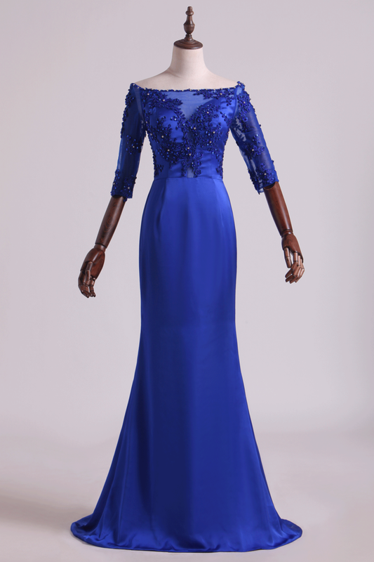 Evening Dresses Bateau Mermaid Satin With Applique And Beads