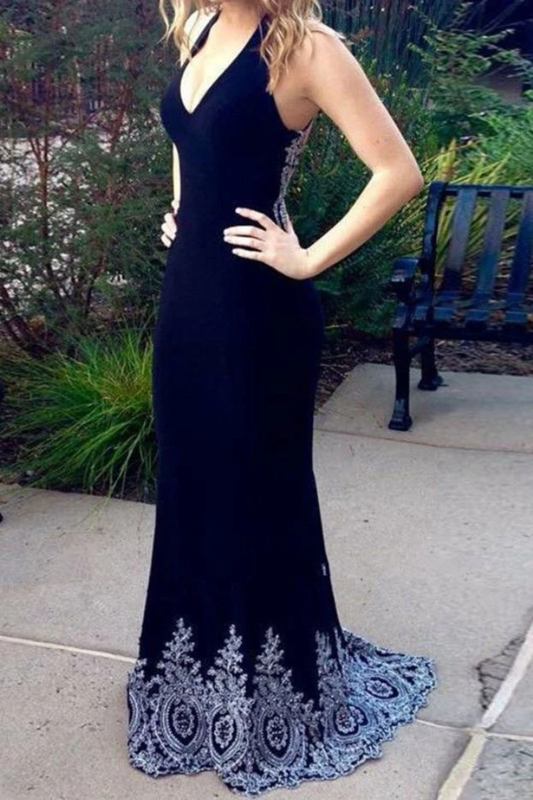 Dark Navy Blue Mermaid Prom Dresses With Appliques Charming Long Formal SWKPESSR754