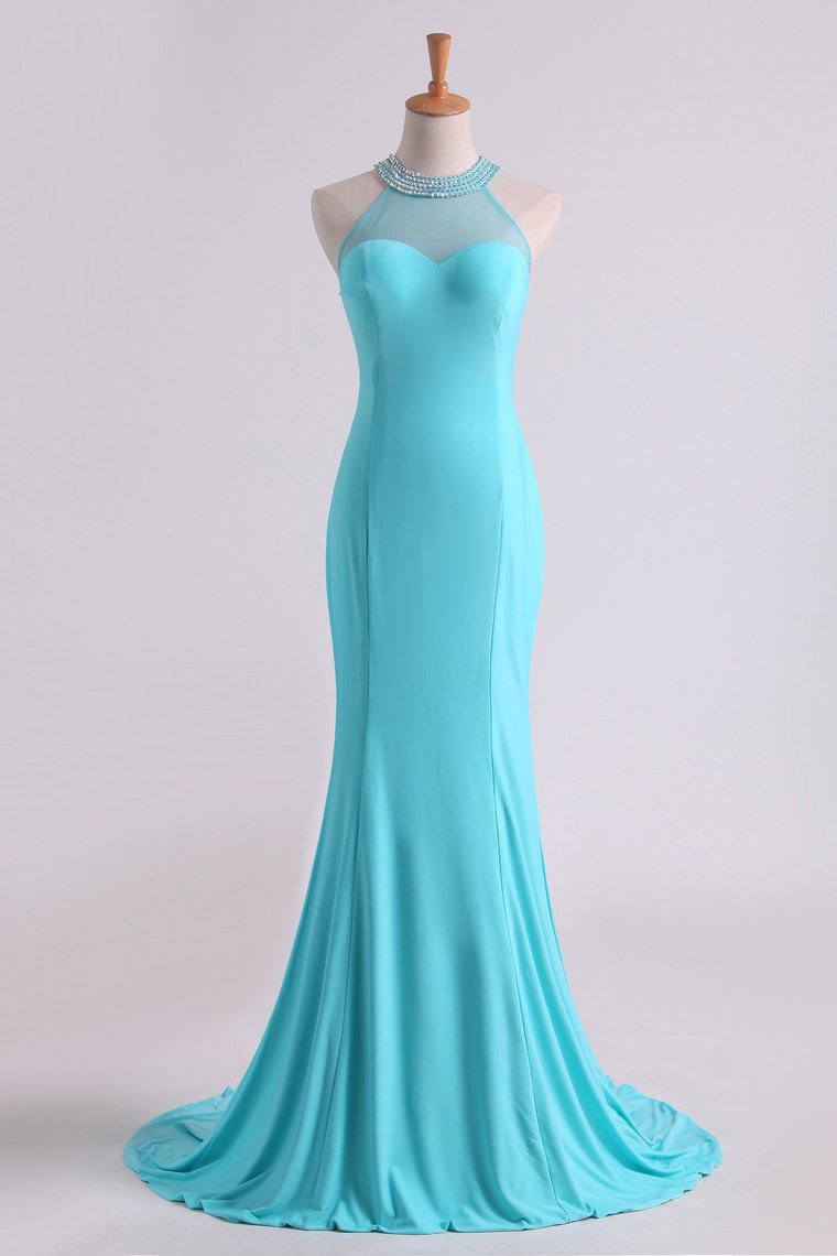 Hot Prom Dresses Scoop Mermaid Spandex With Beading Sweep Train