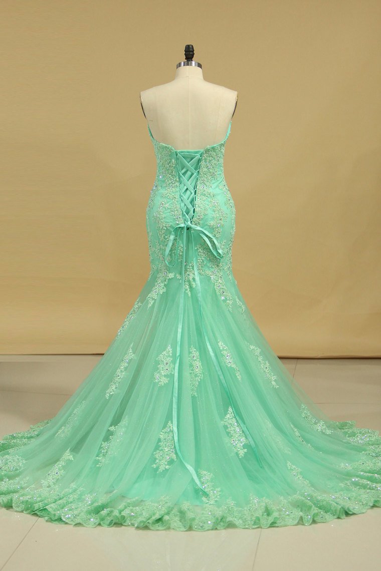 Evening Dresses Mermaid Sweetheart With Applique And Beads Sweep Train