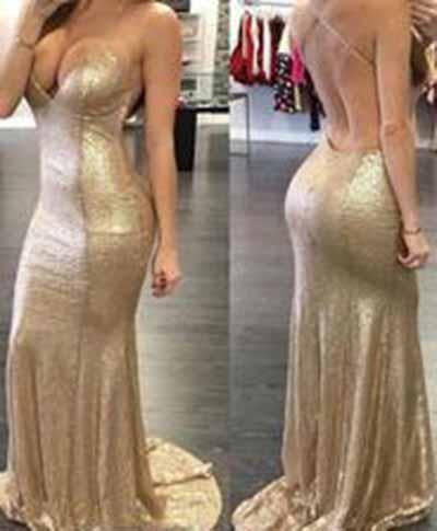 2024 Backless Sequin Mermaid Gold Long Custom Criss Cross Sleeveless Prom Dresses WK941