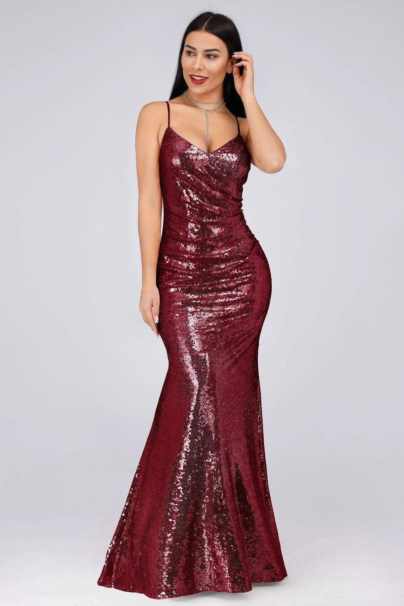 Sexy Spaghetti Straps Burgundy Sequins V Neck Party Dresses Mermaid Prom Dresses SRS15358