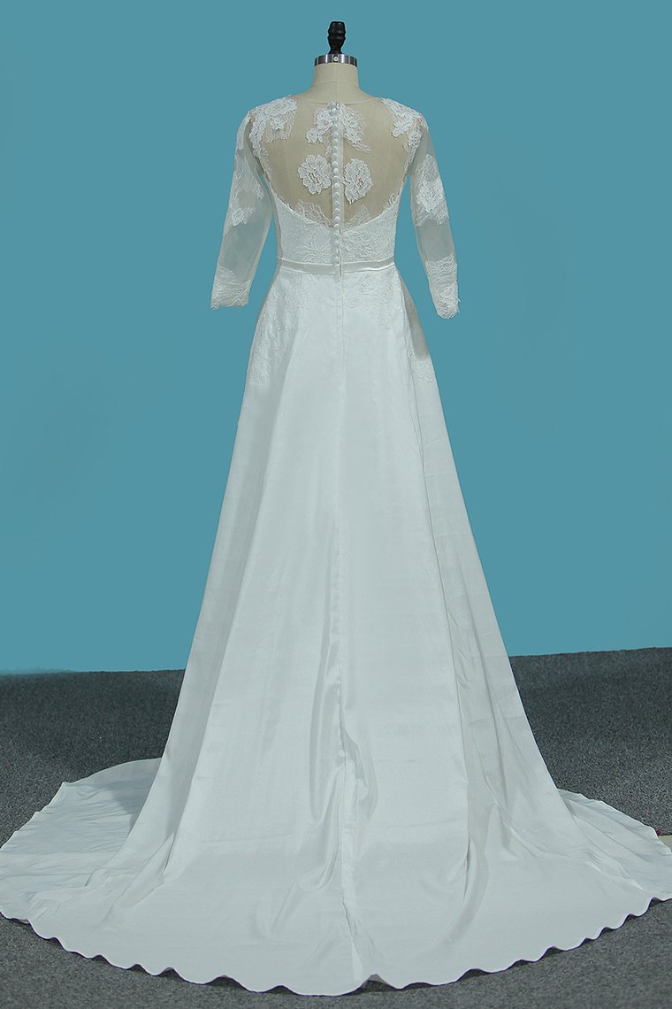 V Neck 3/4 Length Sleeves Chiffon Wedding Dresses With Applique A Line