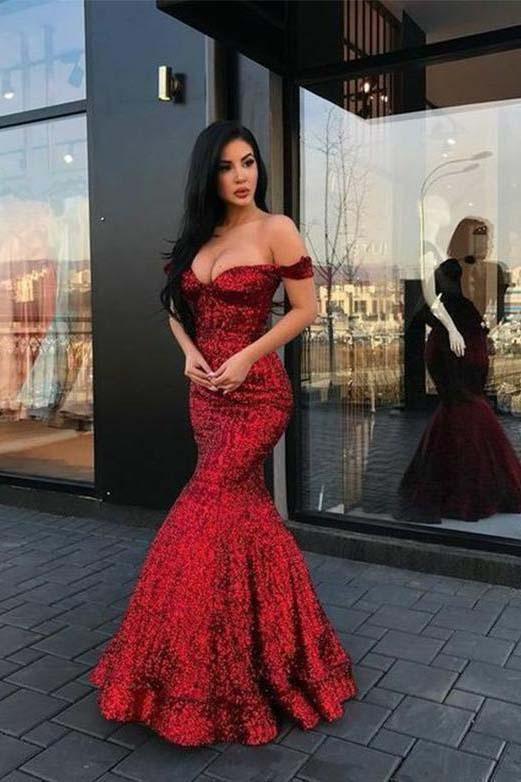 Red Mermaid Long V Neck Prom Dresses Off the Shoulder Evening Party SWK13366