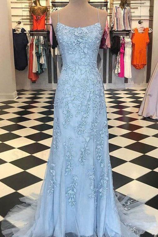 Mermaid Spaghetti Straps Light Blue Prom Dress with Appliques, Evening Dresses SWK15266