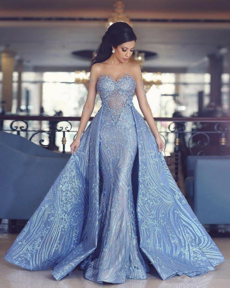 Elegant Blue Long Sleeve Mermaid Appliques Long Prom Dresses, Party Dresses SWK15161