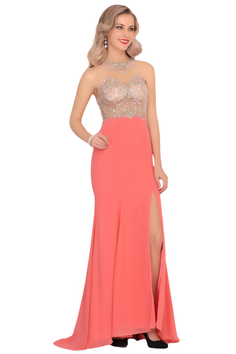 Mermaid Scoop Chiffon Prom Dresses With Beads And Slit