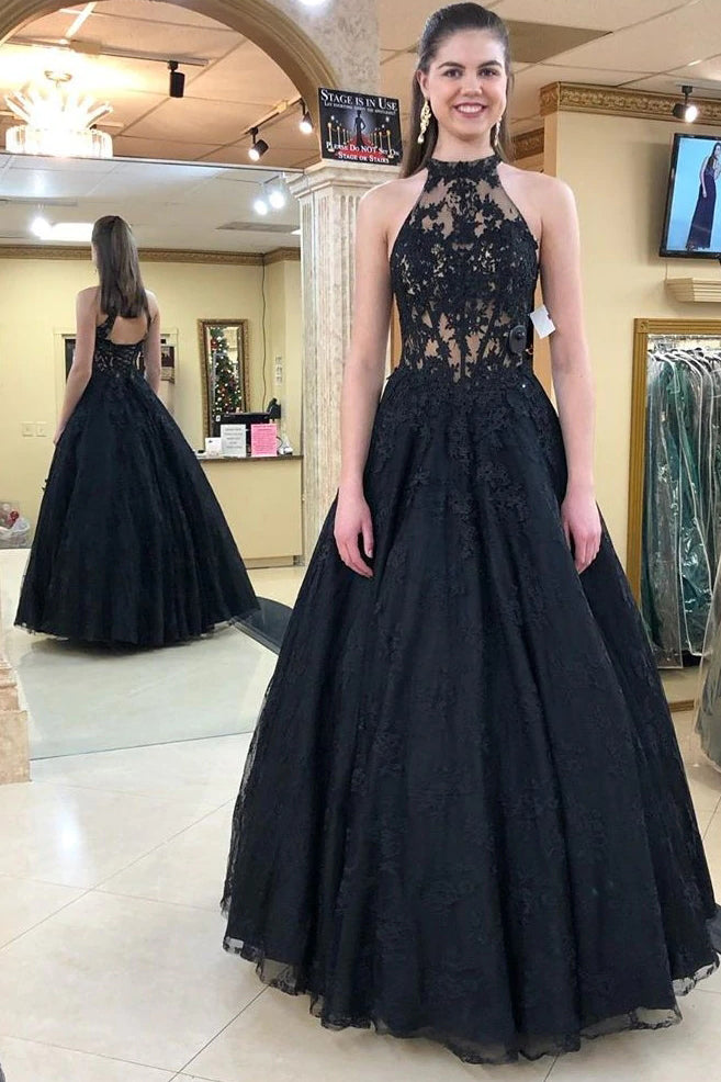 Simple Black A-Line Appliques Halter Formal Wedding Dress