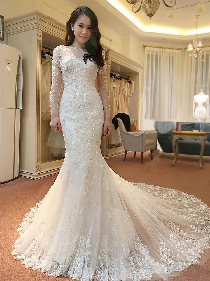 Elegant Mermaid Scoop Neck Tulle Beads Lace Appliques Chapel Train Long Sleeve Wedding Dress WK739