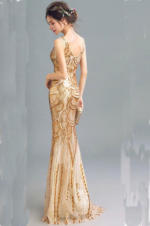 Fashion Sparkly Golden Sequins Mermaid Backless Sleeveless Floor-Length V-Neck Prom Dresses WK244