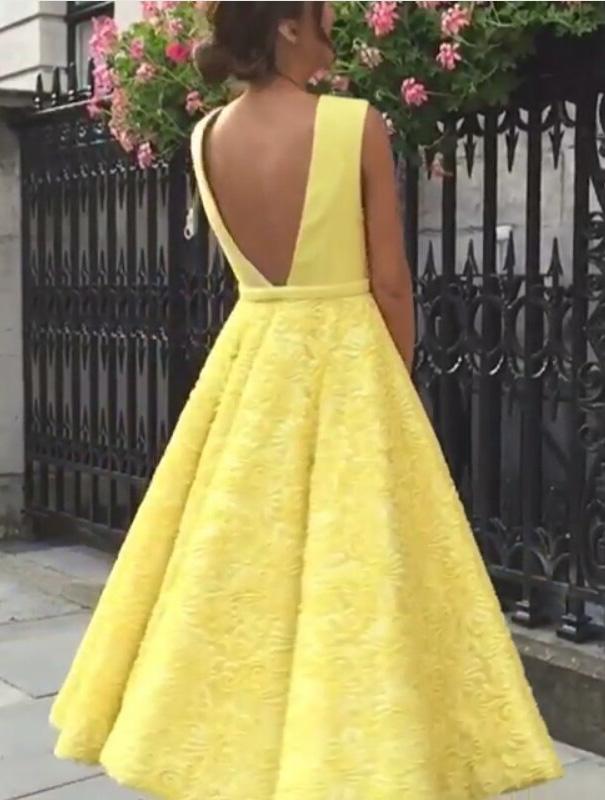 A-Line Deep V-Neck Cute Yellow Tea Length Sleeveless Open Back Lace Prom Dresses WK475