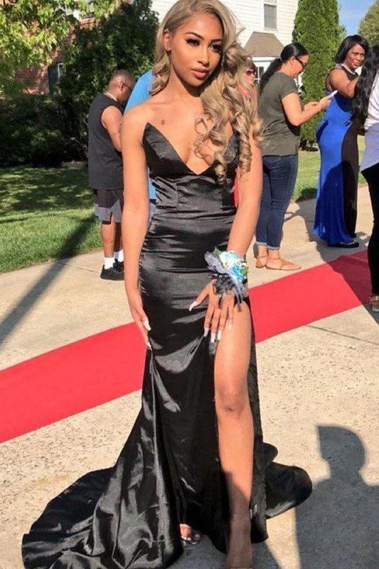 Sexy Strapless Mermaid V Neck Black Prom Dresses with Slit Sleeveless Long Evening Dress SWK15362