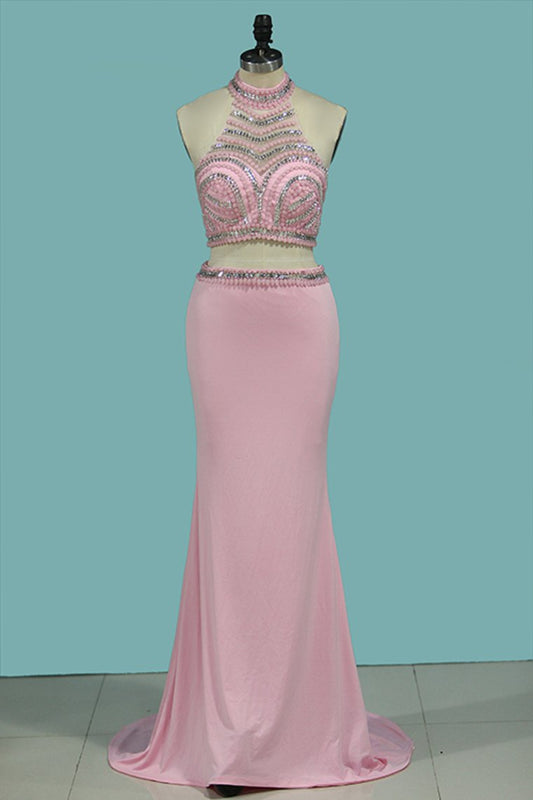 Prom Dresses Mermaid High Neck Two-Piece Beaded Bodice Spandex