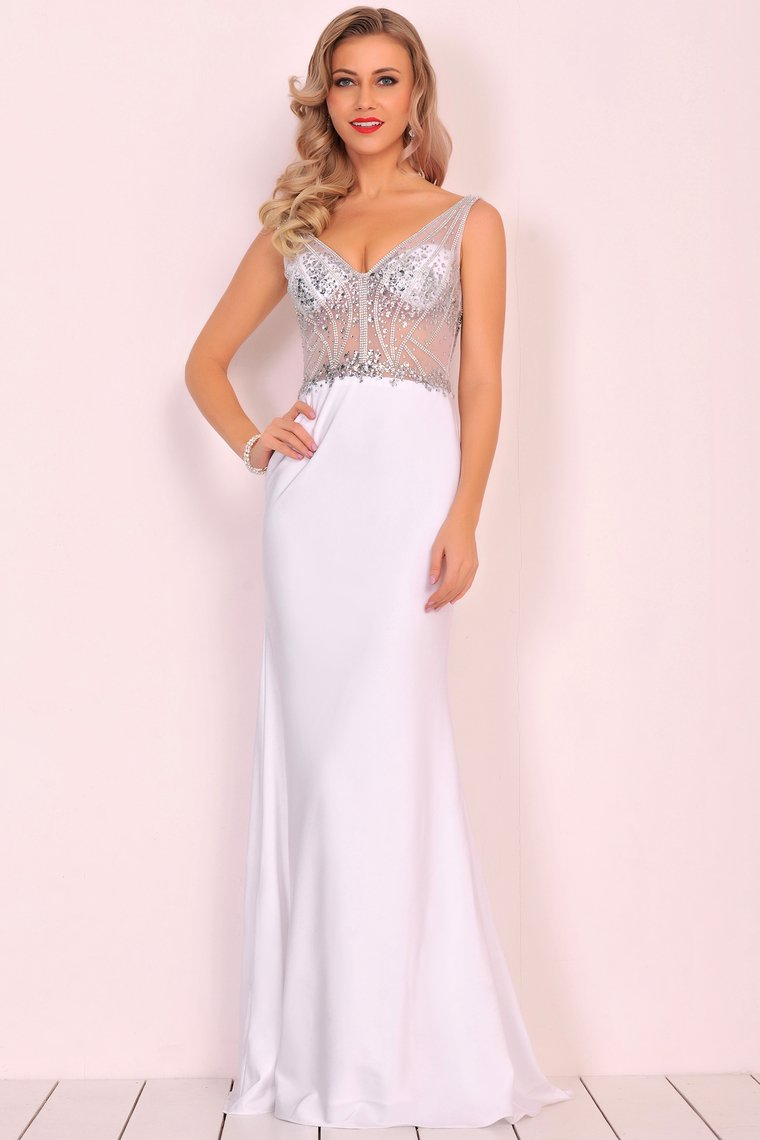 Spandex V Neck Beaded Bodice Mermaid Sweep Train Prom Dresses See-Through