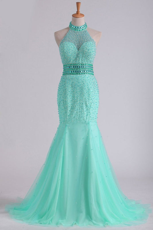 High Neck Mermaid Prom Dresses Beaded Bodice Open Back Tulle