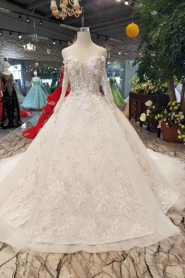 Lace Wedding Dresses Off-The-Shoulder Long Sleeves Royal Train