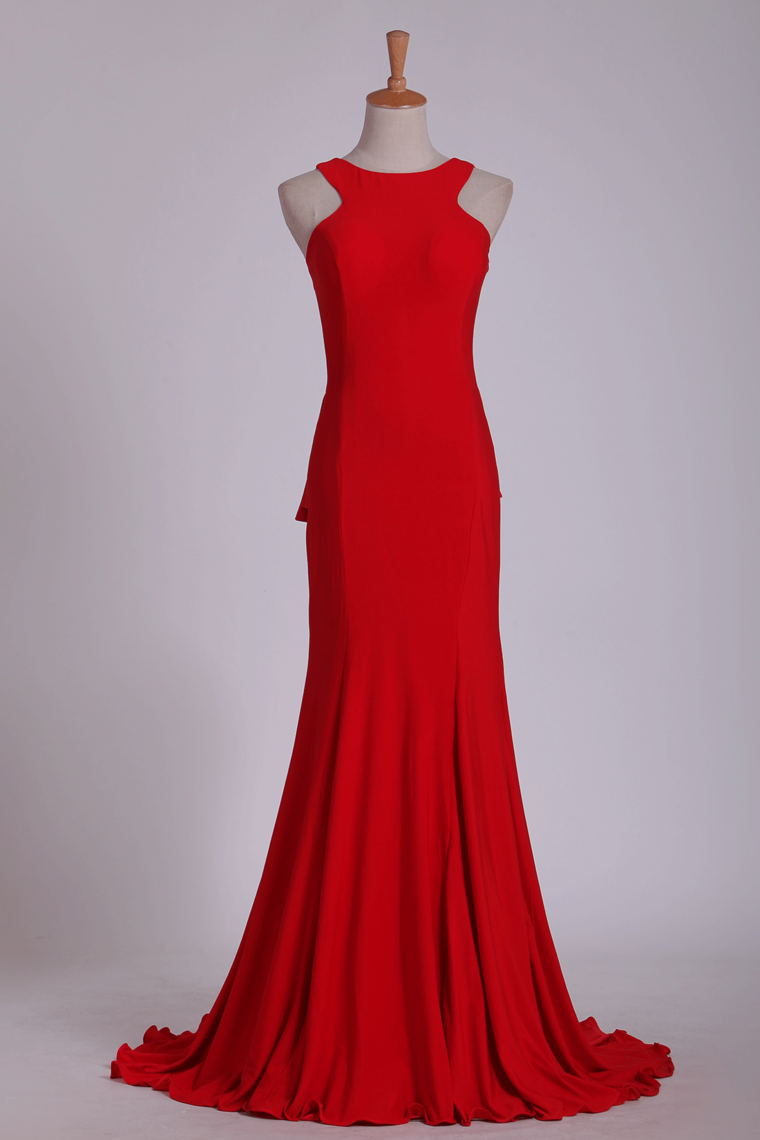 Red Evening Dresses Scoop Open Back Mermaid/Trumpet Red Sweep Train