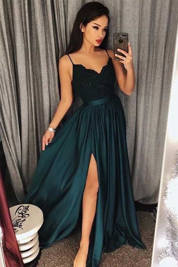 Dark Green Spaghetti Straps Split Front Lace Long Sleeveless Prom Dresses WK570