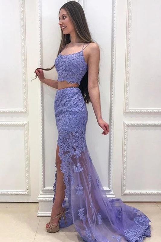 Elegant Two Pieces Mermaid Lilac Lace Slit Long Prom Dresses, Formal SWK15645