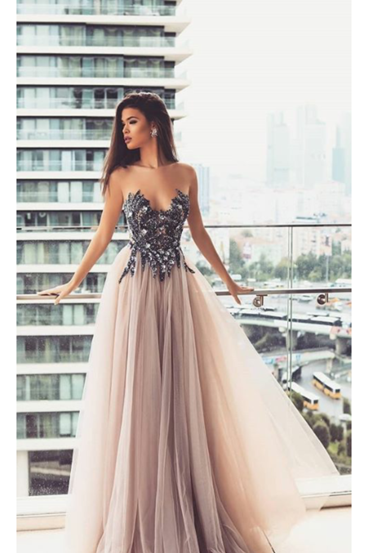 Scoop Prom Dress Tulle Scoop Floor Length Appliques Covered Button