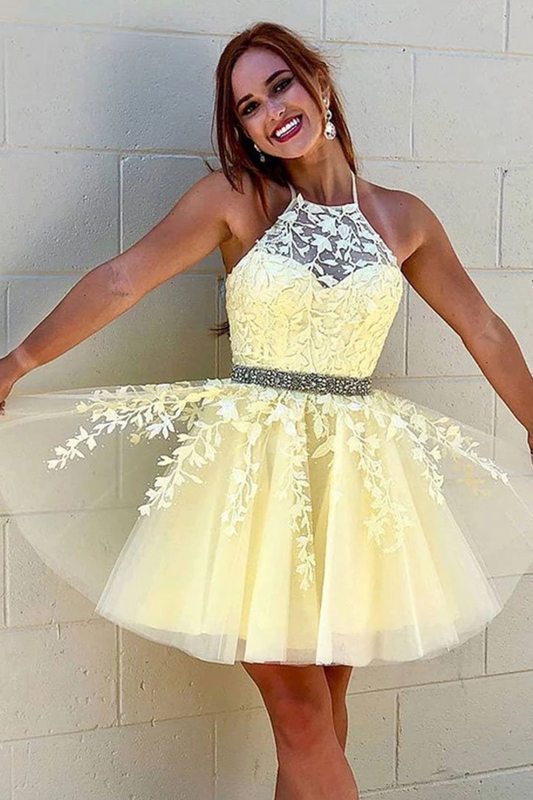 A Line Short/Mini Halter Appliques Homecoming Dress