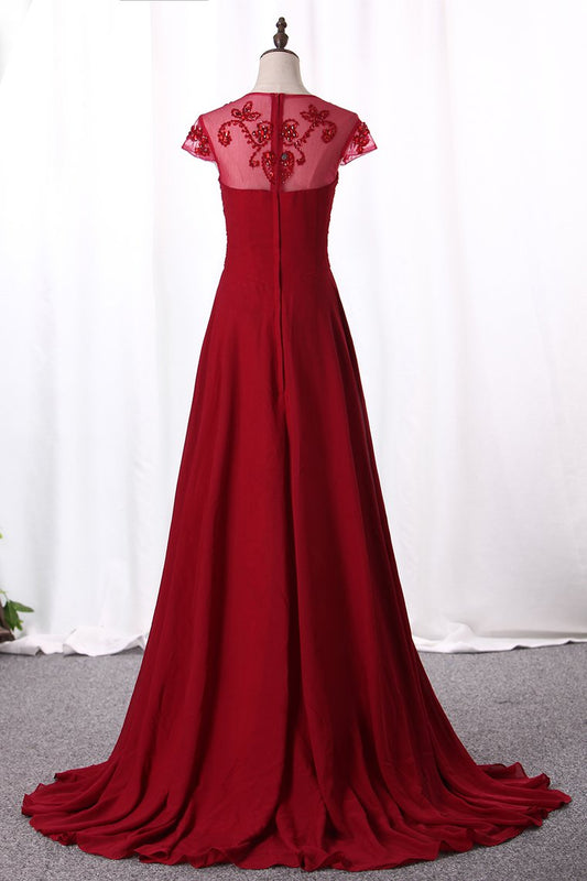 Prom Dresses A Line Scoop Neck Empire Waist Chiffon With Beading Sweep Train