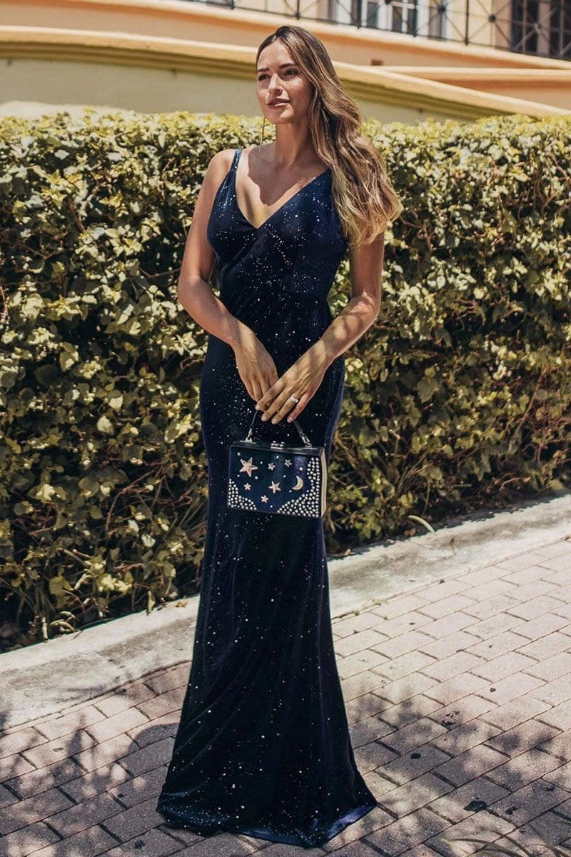 V-Neck Spaghetti Straps Velvet Dark Navy Blue Mermaid Evening Dress, Prom Dresses SWK15480