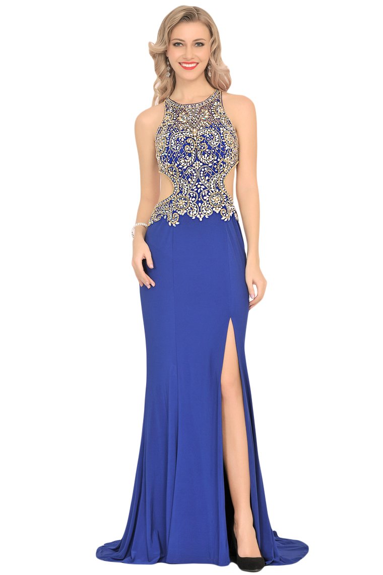 Sexy Open Back Scoop Mermaid Prom Dresses Spandex With Beads And Slit