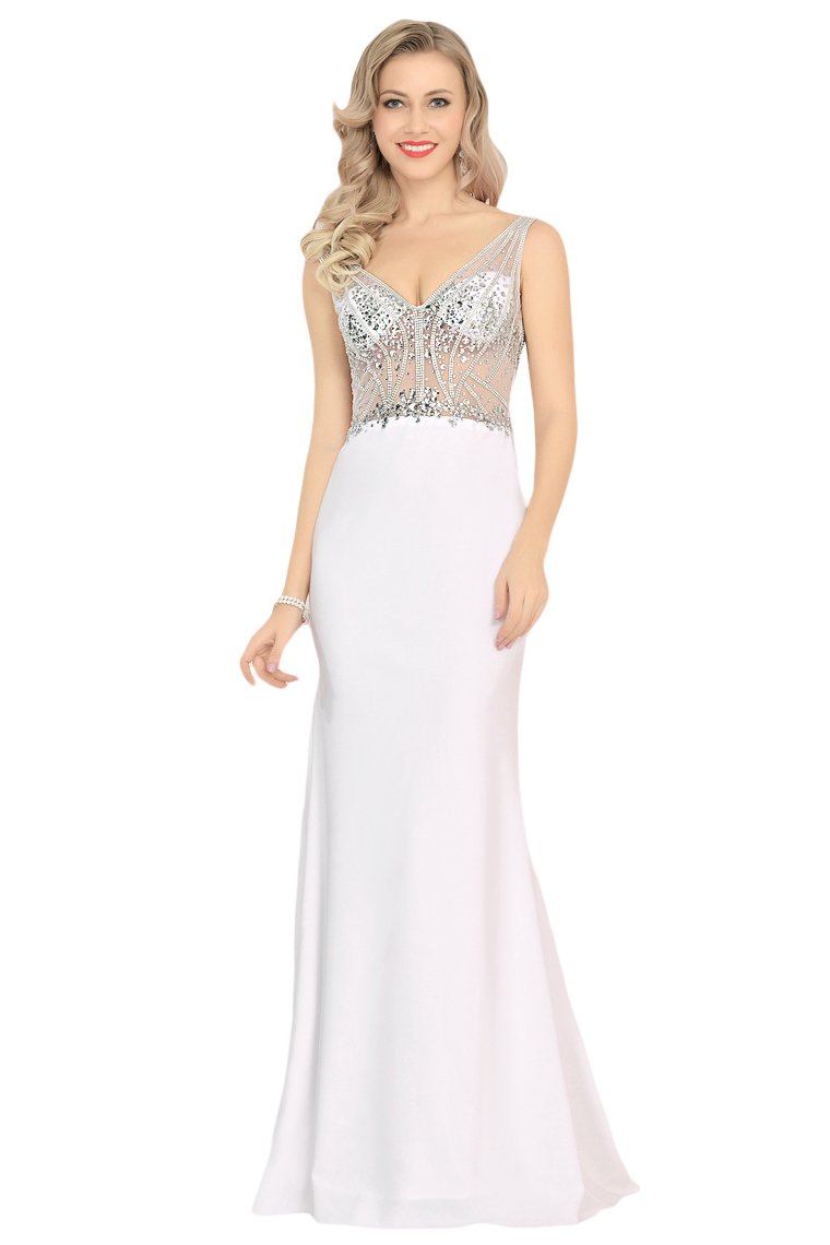 Spandex V Neck Beaded Bodice Mermaid Sweep Train Prom Dresses See-Through