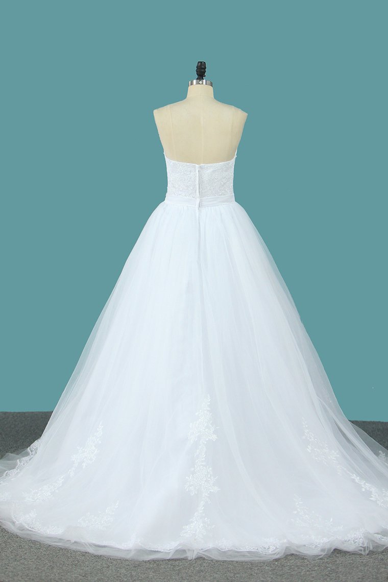 Tulle A Line Sweetheart Wedding Dress With Applique And Sash