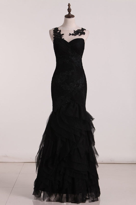 Open Back Bateau Dark Navy Evening Dresses Mermaid Tulle With Applique