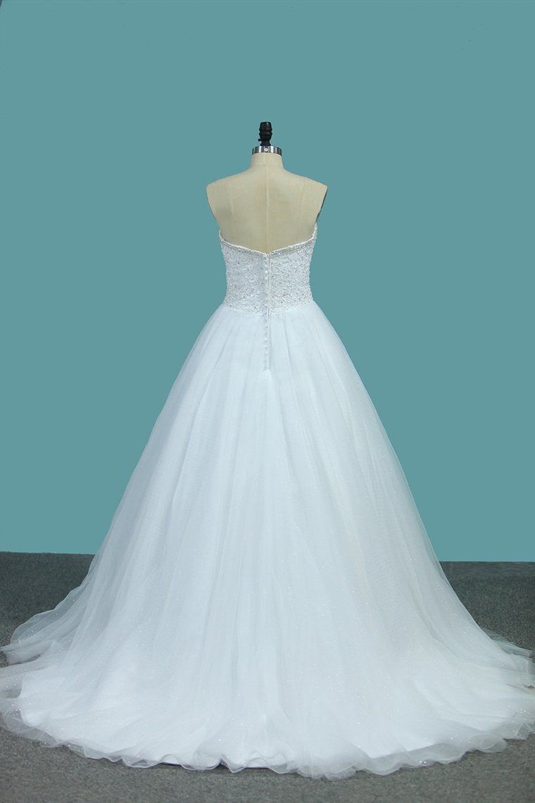 Sweetheart A Line Tulle Wedding Dresses Beaded Bodice Court Train