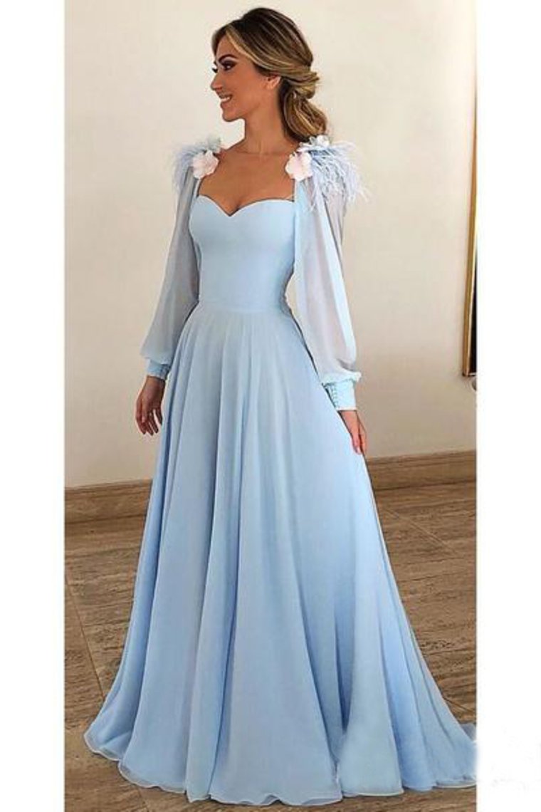 Sky Blue Long Chiffon Prom Dresses With Sleeves Modest Formal Dress