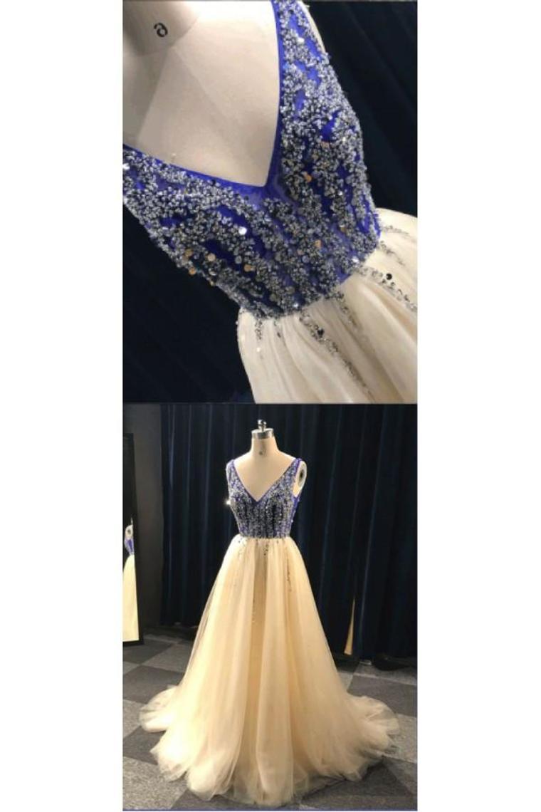 Champagne And Blue Long V-Neck Beading Backless Prom Dresses