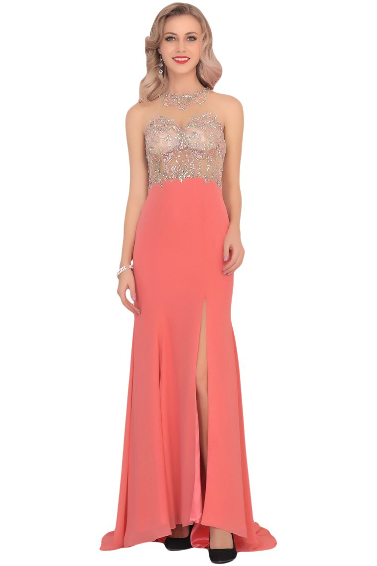 Mermaid Scoop Chiffon Prom Dresses With Beads And Slit