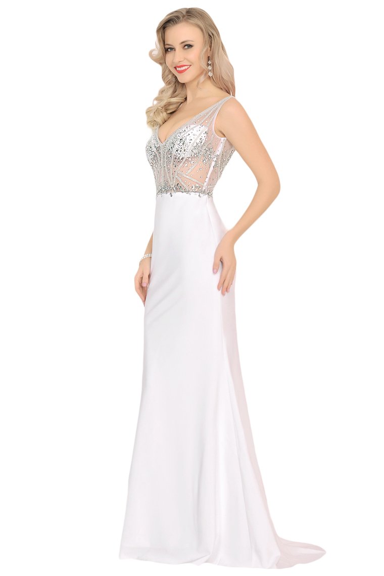 Spandex V Neck Beaded Bodice Mermaid Sweep Train Prom Dresses See-Through