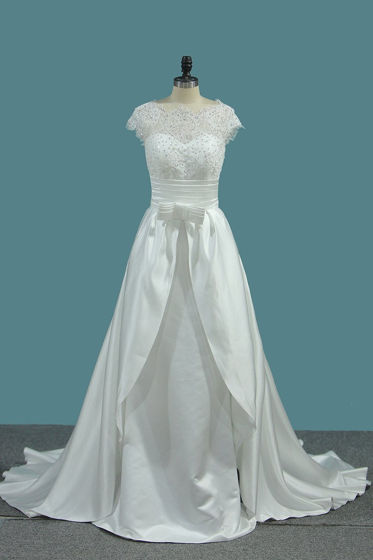 Satin Mermaid Scoop Wedding Dresses With Ruffles Court Train Detachable