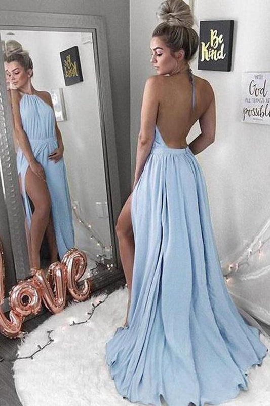 Elegant Long Sky Blue Halter Open Back Chiffon Simple Cheap Prom Dresses