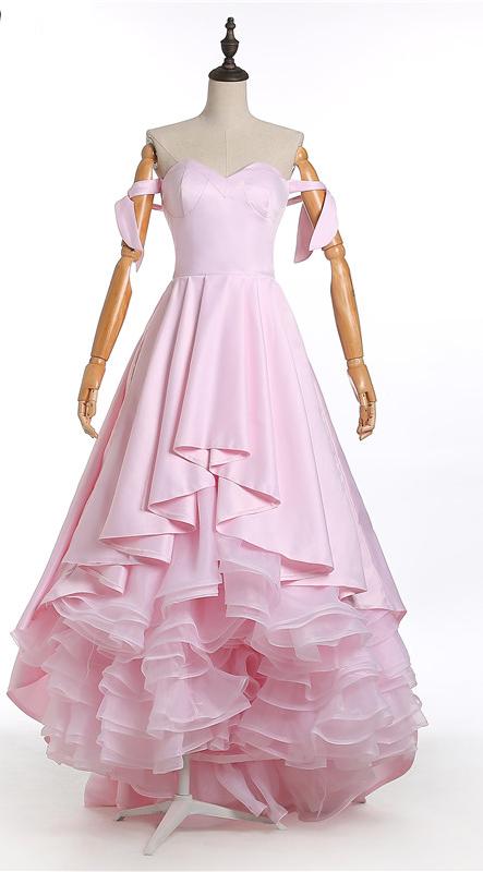 A-Line Pink Off the Shoulder Sweetheart Satin Lace up Hi-Lo Prom Homecoming Dresses WK515